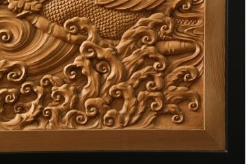 和製ビンテージ　美品!!　大迫力!!　秀峰作　緻密な龍と牡丹(ボタン)の彫刻が目を惹く衝立て(パーテーション、衝い立て、つい立て、間仕切り、ヴィンテージ)(製作費約200万円)(R-081254)