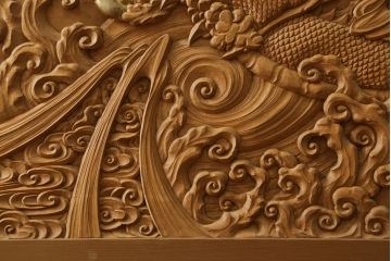 和製ビンテージ　美品!!　大迫力!!　秀峰作　緻密な龍と牡丹(ボタン)の彫刻が目を惹く衝立て(パーテーション、衝い立て、つい立て、間仕切り、ヴィンテージ)(製作費約200万円)(R-081254)