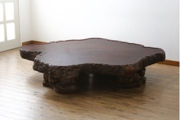 和製ビンテージ　花梨(カリン)材　天板厚14cm　自然の造形美が存在感を放つ超極厚天板一枚の座卓(ローテーブル、センターテーブル、リビングテーブル、ヴィンテージ)(R-081261)