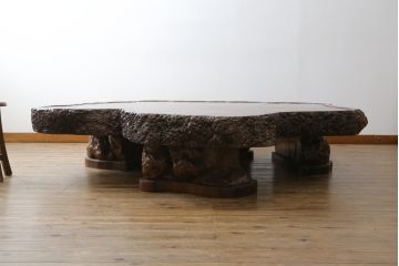 和製ビンテージ　花梨(カリン)材　天板厚14cm　自然の造形美が存在感を放つ超極厚天板一枚の座卓(ローテーブル、センターテーブル、リビングテーブル、ヴィンテージ)(R-081261)