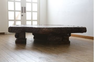 和製ビンテージ　花梨(カリン)材　天板厚14cm　自然の造形美が存在感を放つ超極厚天板一枚の座卓(ローテーブル、センターテーブル、リビングテーブル、ヴィンテージ)(R-081261)