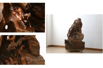和製ビンテージ　躍動感を感じる荒々しい天然木に松と馬群(双馬)の彫刻を施した見事な置物(木彫り、オブジェ、置き物、ディスプレイ、衝立て、衝い立て、つい立て、ヴィンテージ)(当時約200万円で購入)(R-081262)