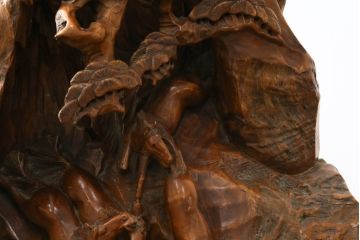 和製ビンテージ　躍動感を感じる荒々しい天然木に松と馬群(双馬)の彫刻を施した見事な置物(木彫り、オブジェ、置き物、ディスプレイ、衝立て、衝い立て、つい立て、ヴィンテージ)(当時約200万円で購入)(R-081262)