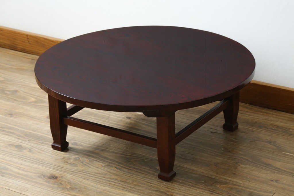 和製アンティーク　美品!!　総欅(ケヤキ)材　厚い漆塗りの高級丸型座卓　(R-081267)