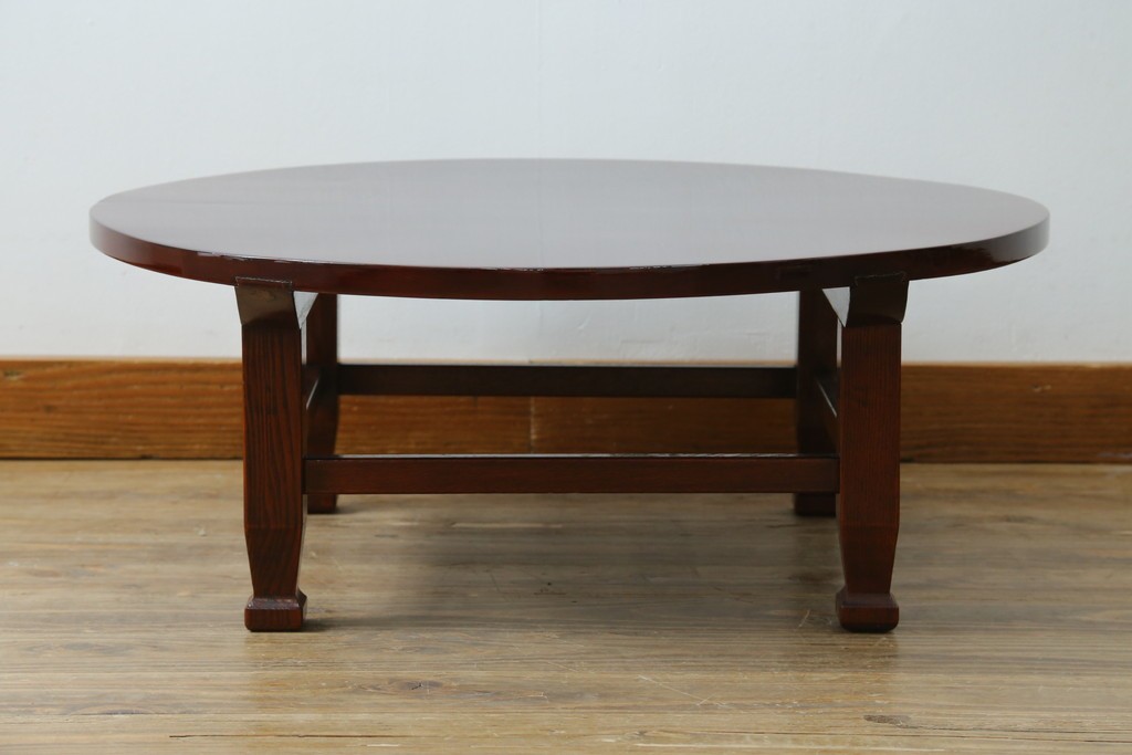 和製アンティーク　美品!!　総欅(ケヤキ)材　厚い漆塗りの高級丸型座卓　(R-081267)