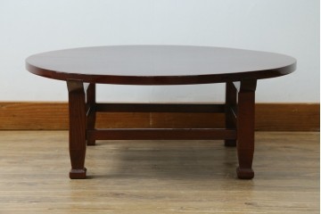 和製アンティーク　美品!!　総欅(ケヤキ)材　厚い漆塗りの高級丸型座卓　(R-081267)