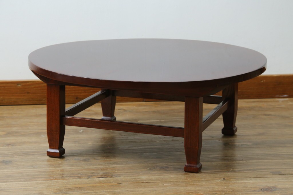 和製アンティーク　美品!!　総欅(ケヤキ)材　厚い漆塗りの高級丸型座卓　(R-081267)