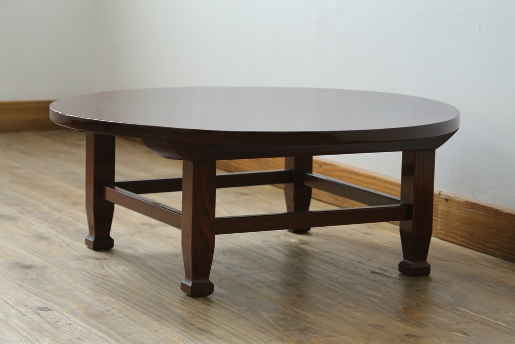 和製アンティーク　美品!!　総欅(ケヤキ)材　厚い漆塗りの高級丸型座卓　(R-081267)