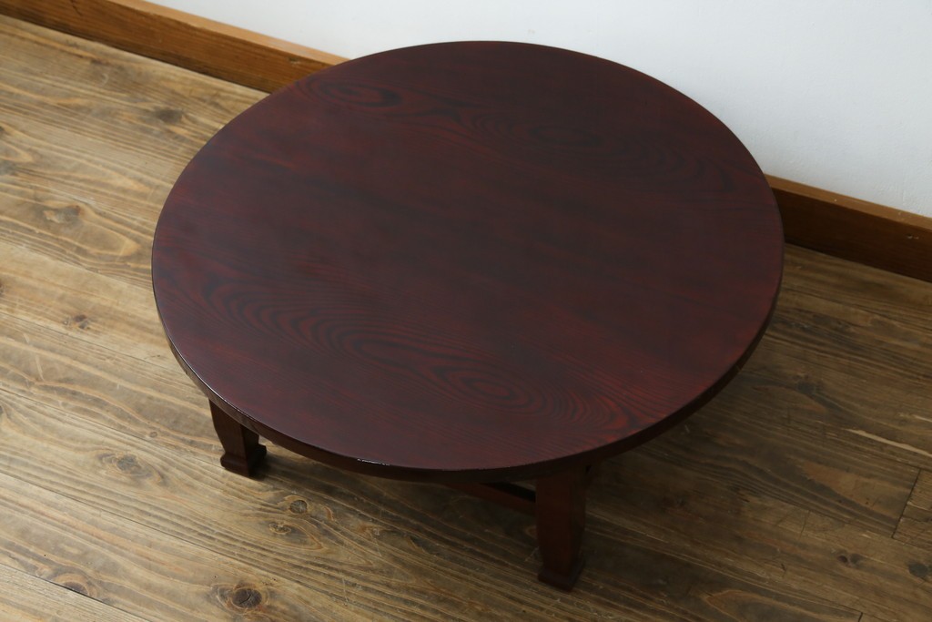 和製アンティーク　美品!!　総欅(ケヤキ)材　厚い漆塗りの高級丸型座卓　(R-081267)