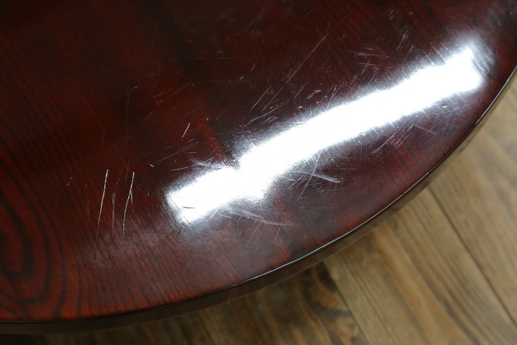 和製アンティーク　美品!!　総欅(ケヤキ)材　厚い漆塗りの高級丸型座卓　(R-081267)