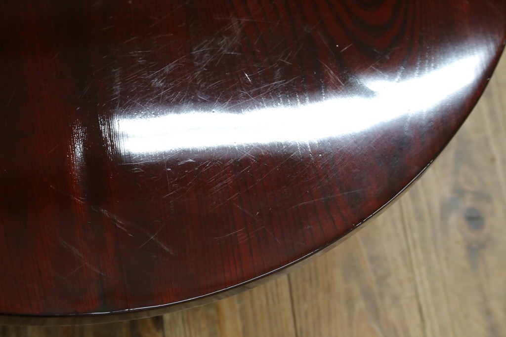 和製アンティーク　美品!!　総欅(ケヤキ)材　厚い漆塗りの高級丸型座卓　(R-081267)