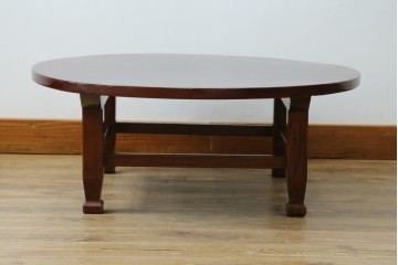 和製アンティーク　美品!!　総欅(ケヤキ)材　厚い漆塗りの高級丸型座卓　(R-081267)