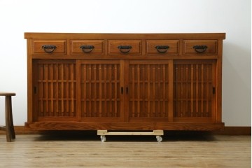 中古　美品　最高級　総欅(ケヤキ)材　無垢　四枚引き戸　水屋箪笥下段　上質な和の空間を演出するサイドボード　(R-081275)
