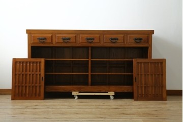 中古　美品　最高級　総欅(ケヤキ)材　無垢　四枚引き戸　水屋箪笥下段　上質な和の空間を演出するサイドボード　(R-081275)