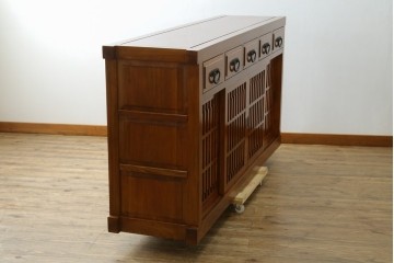 中古　美品　最高級　総欅(ケヤキ)材　無垢　四枚引き戸　水屋箪笥下段　上質な和の空間を演出するサイドボード　(R-081275)