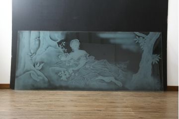 中古　建具　特大!!　職人手作り　草木・花と女性を描いた幻想的な特注品ガラスアート1枚(ガラス絵彫り、明り取り、明かり取り、窓ガラス)(製作費約400万円)(R-081284)