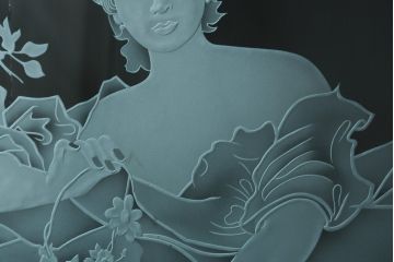 中古　建具　特大!!　職人手作り　草木・花と女性を描いた幻想的な特注品ガラスアート1枚(ガラス絵彫り、明り取り、明かり取り、窓ガラス)(製作費約400万円)(R-081284)