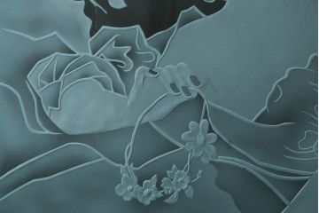 中古　建具　特大!!　職人手作り　草木・花と女性を描いた幻想的な特注品ガラスアート1枚(ガラス絵彫り、明り取り、明かり取り、窓ガラス)(製作費約400万円)(R-081284)