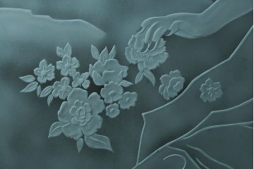 中古　建具　特大!!　職人手作り　草木・花と女性を描いた幻想的な特注品ガラスアート1枚(ガラス絵彫り、明り取り、明かり取り、窓ガラス)(製作費約400万円)(R-081284)