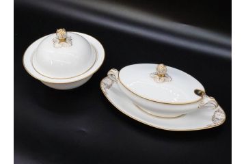 大倉陶園(OKURA、OAC)　オールド大倉　ゴールドライン　静謐な美しさのあるソースボート&蓋物(金彩、グレイビーボート、ソースポット、水切りボウル)(R-081305)