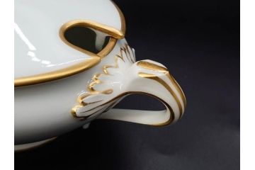 大倉陶園(OKURA、OAC)　オールド大倉　ゴールドライン　静謐な美しさのあるソースボート&蓋物(金彩、グレイビーボート、ソースポット、水切りボウル)(R-081305)