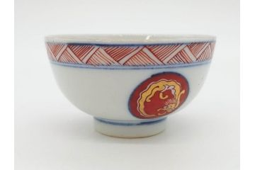 江戸期　大明年製　古伊万里　染付　色絵　豊かな色彩が魅力の湯呑み3客セット(龍、竜、花、金彩、湯のみ、ぐい呑み、煎茶、茶器、和食器)(R-081327)