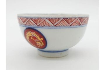 江戸期　大明年製　古伊万里　染付　色絵　豊かな色彩が魅力の湯呑み3客セット(龍、竜、花、金彩、湯のみ、ぐい呑み、煎茶、茶器、和食器)(R-081327)