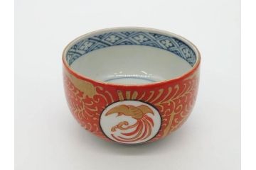 江戸期　古伊万里　赤絵　金彩　鮮やかな色彩が目を引く湯呑み5客セット(鳳凰、松竹梅、湯のみ、ぐい呑み、煎茶、茶器、和食器)(R-081328)