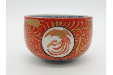 江戸期　古伊万里　赤絵　金彩　鮮やかな色彩が目を引く湯呑み5客セット(鳳凰、松竹梅、湯のみ、ぐい呑み、煎茶、茶器、和食器)(R-081328)