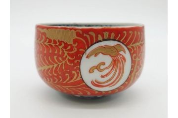 江戸期　古伊万里　赤絵　金彩　鮮やかな色彩が目を引く湯呑み5客セット(鳳凰、松竹梅、湯のみ、ぐい呑み、煎茶、茶器、和食器)(R-081328)