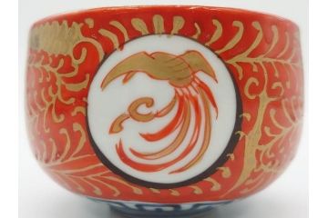 江戸期　古伊万里　赤絵　金彩　鮮やかな色彩が目を引く湯呑み5客セット(鳳凰、松竹梅、湯のみ、ぐい呑み、煎茶、茶器、和食器)(R-081328)