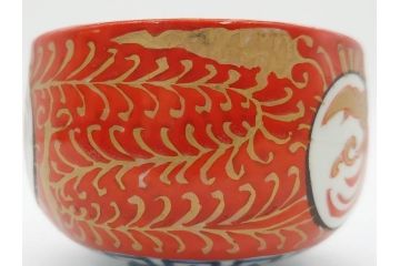 江戸期　古伊万里　赤絵　金彩　鮮やかな色彩が目を引く湯呑み5客セット(鳳凰、松竹梅、湯のみ、ぐい呑み、煎茶、茶器、和食器)(R-081328)