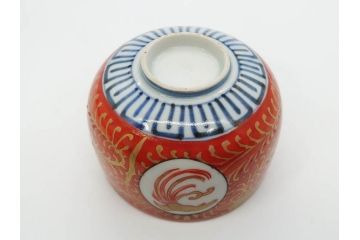 江戸期　古伊万里　赤絵　金彩　鮮やかな色彩が目を引く湯呑み5客セット(鳳凰、松竹梅、湯のみ、ぐい呑み、煎茶、茶器、和食器)(R-081328)