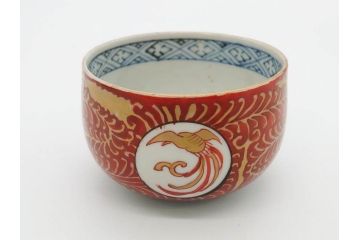 江戸期　古伊万里　赤絵　金彩　鮮やかな色彩が目を引く湯呑み5客セット(鳳凰、松竹梅、湯のみ、ぐい呑み、煎茶、茶器、和食器)(R-081328)