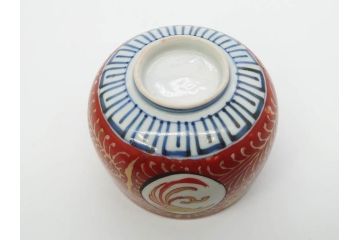江戸期　古伊万里　赤絵　金彩　鮮やかな色彩が目を引く湯呑み5客セット(鳳凰、松竹梅、湯のみ、ぐい呑み、煎茶、茶器、和食器)(R-081328)