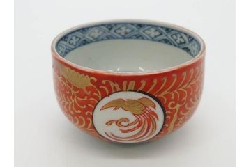 江戸期　古伊万里　赤絵　金彩　鮮やかな色彩が目を引く湯呑み5客セット(鳳凰、松竹梅、湯のみ、ぐい呑み、煎茶、茶器、和食器)(R-081328)
