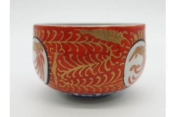 江戸期　古伊万里　赤絵　金彩　鮮やかな色彩が目を引く湯呑み5客セット(鳳凰、松竹梅、湯のみ、ぐい呑み、煎茶、茶器、和食器)(R-081328)