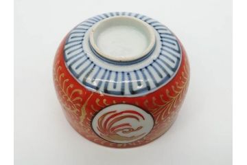 江戸期　古伊万里　赤絵　金彩　鮮やかな色彩が目を引く湯呑み5客セット(鳳凰、松竹梅、湯のみ、ぐい呑み、煎茶、茶器、和食器)(R-081328)