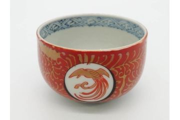江戸期　古伊万里　赤絵　金彩　鮮やかな色彩が目を引く湯呑み5客セット(鳳凰、松竹梅、湯のみ、ぐい呑み、煎茶、茶器、和食器)(R-081328)