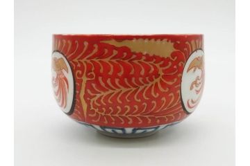 江戸期　古伊万里　赤絵　金彩　鮮やかな色彩が目を引く湯呑み5客セット(鳳凰、松竹梅、湯のみ、ぐい呑み、煎茶、茶器、和食器)(R-081328)
