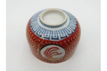 江戸期　古伊万里　赤絵　金彩　鮮やかな色彩が目を引く湯呑み5客セット(鳳凰、松竹梅、湯のみ、ぐい呑み、煎茶、茶器、和食器)(R-081328)
