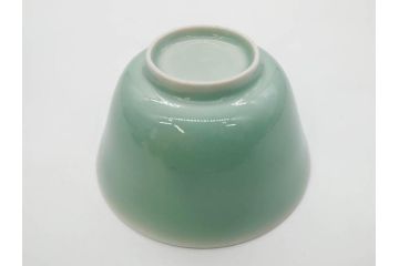 江戸期　古伊万里　青磁　染付　約12cm　3.9寸　爽やかな色合いが美しい蓋付き茶碗3客セット(菱文様、植物、蓋茶碗、どんぶり、和食器、三寸九分)(R-081330)