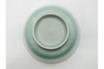 江戸期　古伊万里　青磁　染付　約12cm　3.9寸　爽やかな色合いが美しい蓋付き茶碗3客セット(菱文様、植物、蓋茶碗、どんぶり、和食器、三寸九分)(R-081330)
