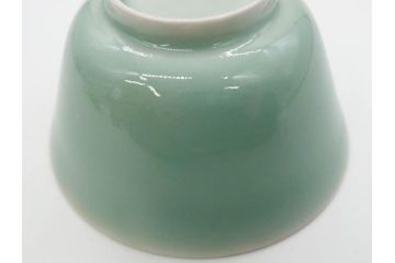 江戸期　古伊万里　青磁　染付　約12cm　3.9寸　爽やかな色合いが美しい蓋付き茶碗3客セット(菱文様、植物、蓋茶碗、どんぶり、和食器、三寸九分)(R-081330)