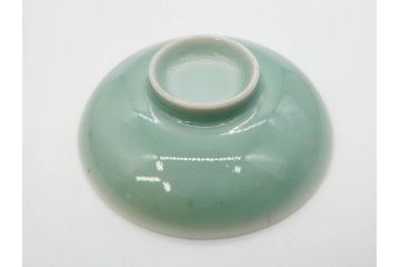 江戸期　古伊万里　青磁　染付　約12cm　3.9寸　爽やかな色合いが美しい蓋付き茶碗3客セット(菱文様、植物、蓋茶碗、どんぶり、和食器、三寸九分)(R-081330)