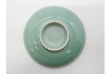 江戸期　古伊万里　青磁　染付　約12cm　3.9寸　爽やかな色合いが美しい蓋付き茶碗3客セット(菱文様、植物、蓋茶碗、どんぶり、和食器、三寸九分)(R-081330)