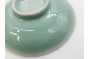 江戸期　古伊万里　青磁　染付　約12cm　3.9寸　爽やかな色合いが美しい蓋付き茶碗3客セット(菱文様、植物、蓋茶碗、どんぶり、和食器、三寸九分)(R-081330)