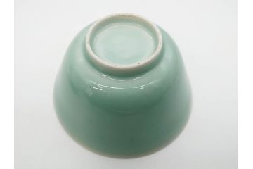 江戸期　古伊万里　青磁　染付　約12cm　3.9寸　爽やかな色合いが美しい蓋付き茶碗3客セット(菱文様、植物、蓋茶碗、どんぶり、和食器、三寸九分)(R-081330)