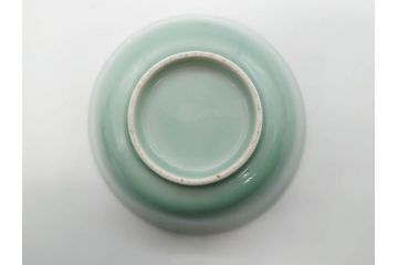 江戸期　古伊万里　青磁　染付　約12cm　3.9寸　爽やかな色合いが美しい蓋付き茶碗3客セット(菱文様、植物、蓋茶碗、どんぶり、和食器、三寸九分)(R-081330)