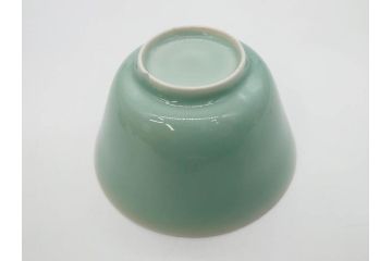 江戸期　古伊万里　青磁　染付　約12cm　3.9寸　爽やかな色合いが美しい蓋付き茶碗3客セット(菱文様、植物、蓋茶碗、どんぶり、和食器、三寸九分)(R-081330)